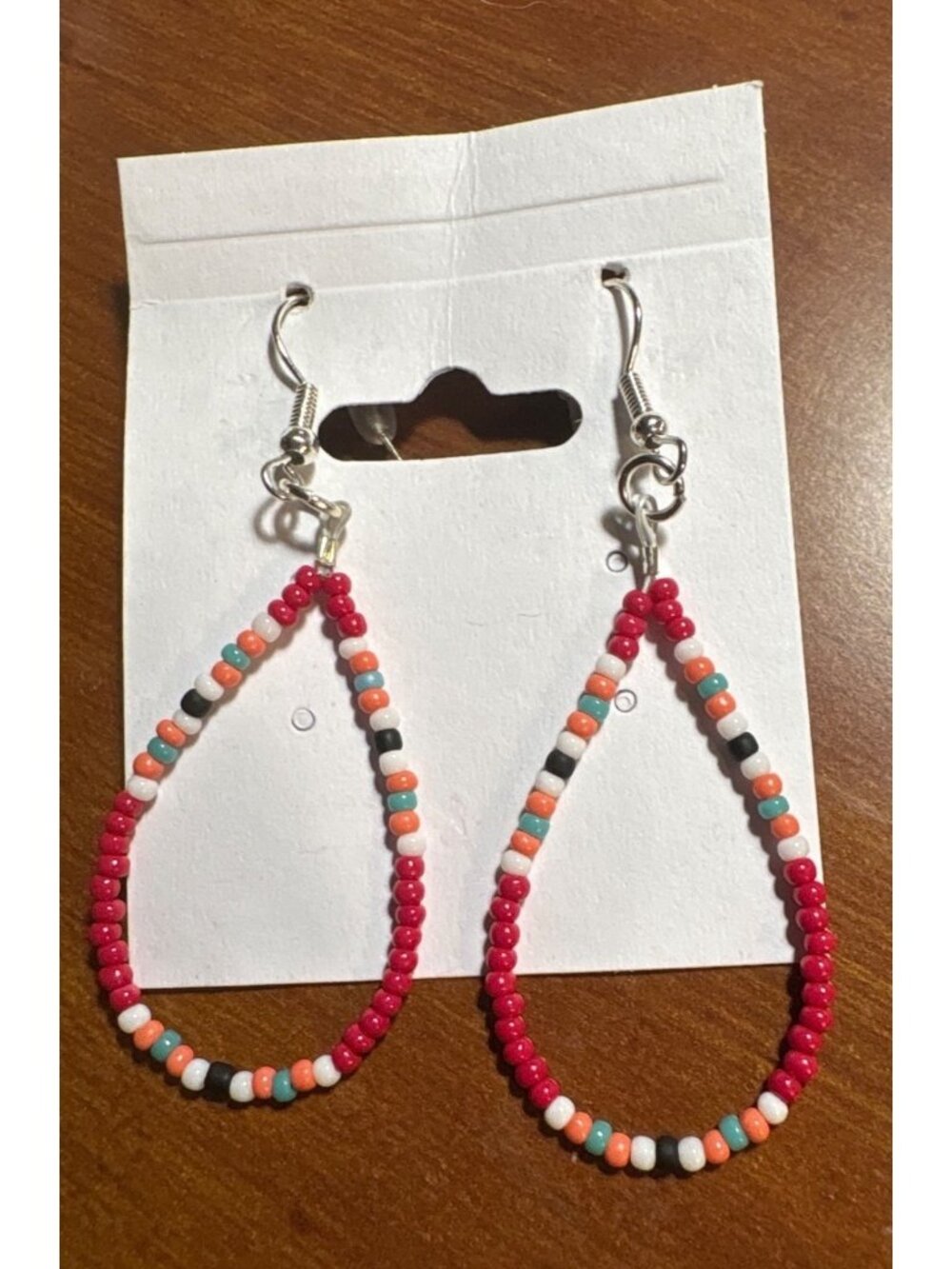 Handmade Beaded Teardrop Hoop Dangle Earrings 2" Stainless Steel Seed Bead Red